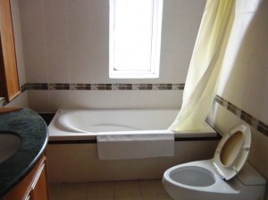 窓付きバスタブ付きの浴室