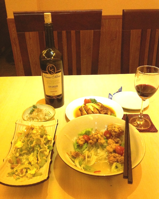 沖縄料理ゴーヤチャンプルに赤ワイン「合ってないかも知れないですが、赤ワインを飲める時間が欲しいだけ」