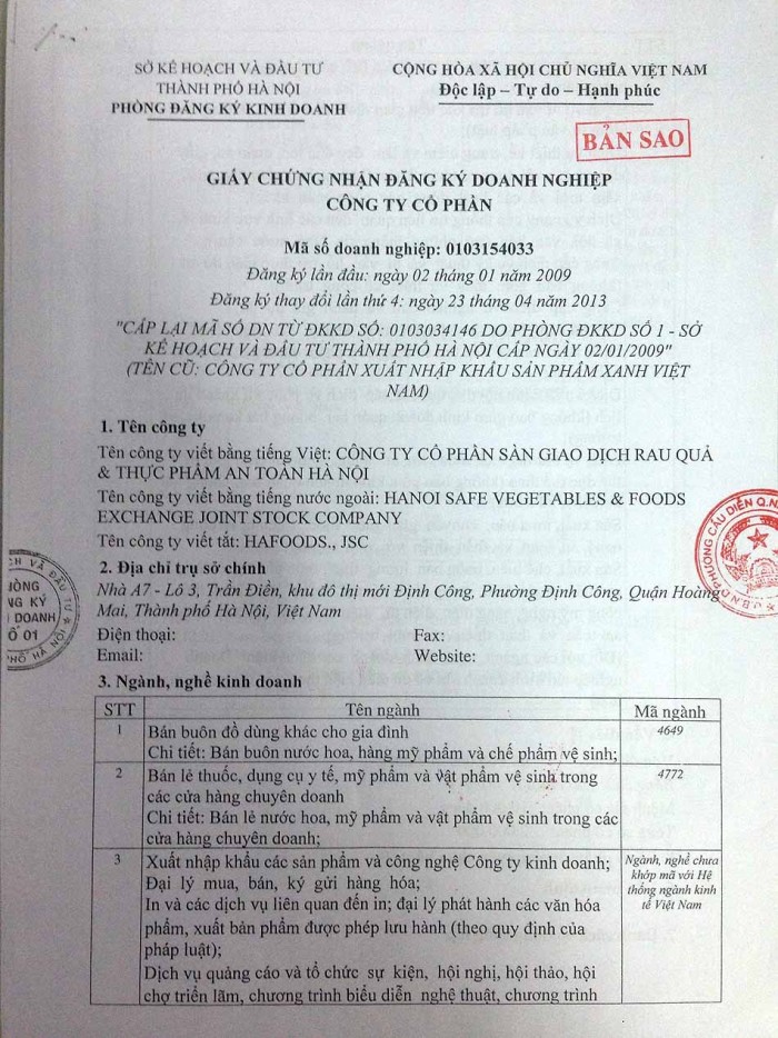 「Hanoi Safe Vegetables & Foods Exchange」はハノイの政府投資局から絵運営を許可された団体です